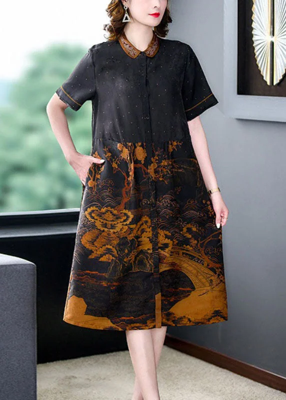 silk dressNatural Black Peter Pan Collar Print Pockets Patchwork Silk Dresses Summer