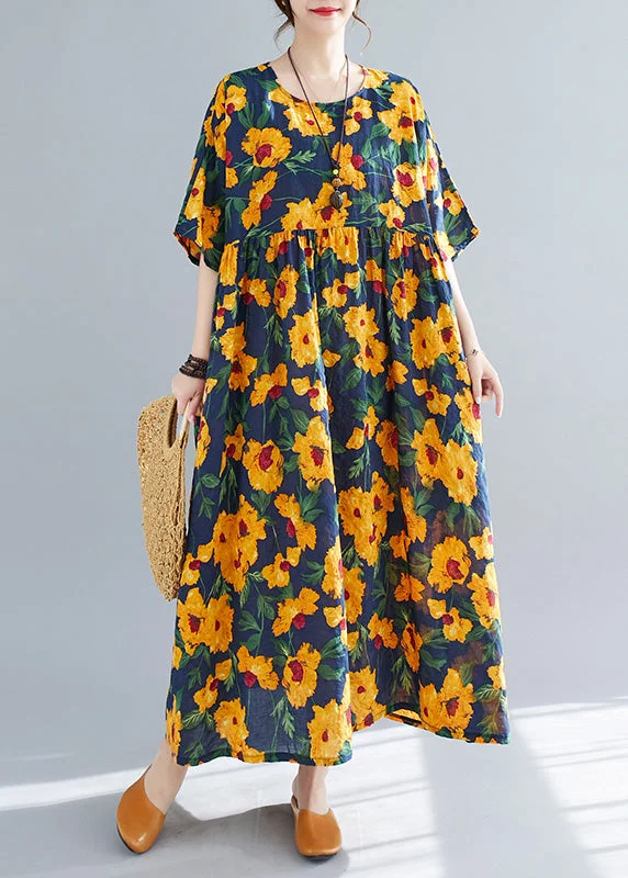 comfy maxi dressFrench Yellow O-Neck Print Cotton Long Dresses Short Sleeve