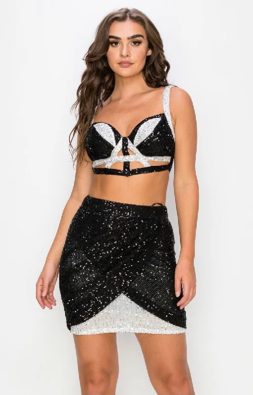 cocktail dressDance With Me 2 Pc Black & White Sequin Skirt Set