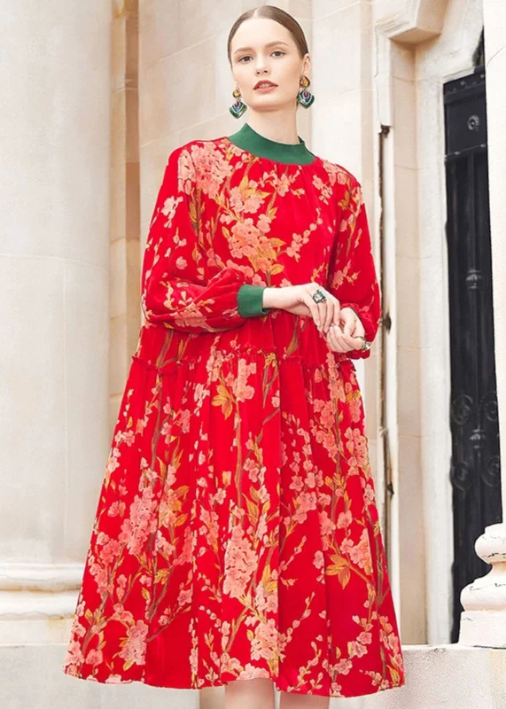 statement dressBeautiful Red Turtleneck Jacquard Patchwork Wrinkled Silk Velour Maxi Dresses Fall