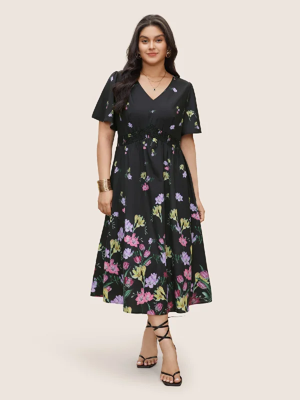 wrap dressFloral Print Shirred Pocket Ruffle Sleeve Dress