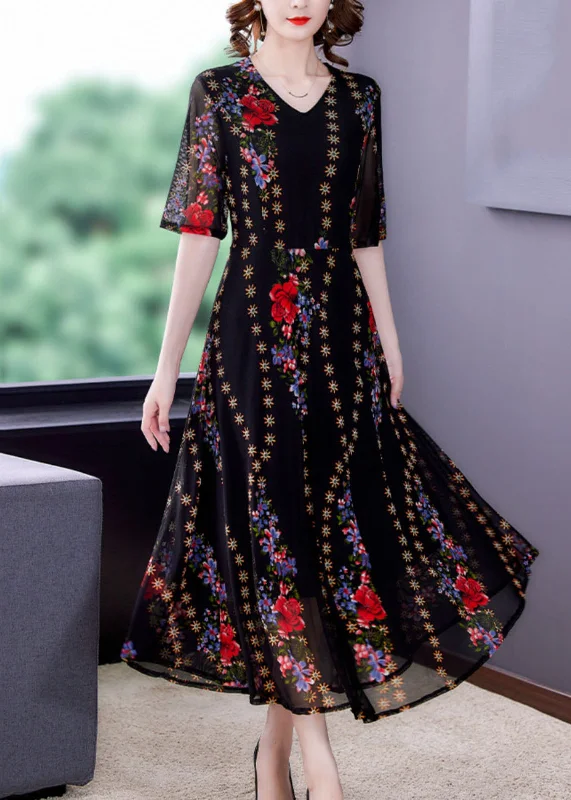 stylish party dressFine Black V Neck Print Patchwork Tulle Long Dresses Summer