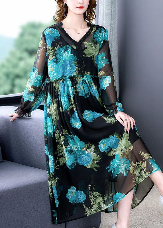 trendy dressItalian Blue V Neck Ruffled Print Patchwork Chiffon Mid Dress Long Sleeve