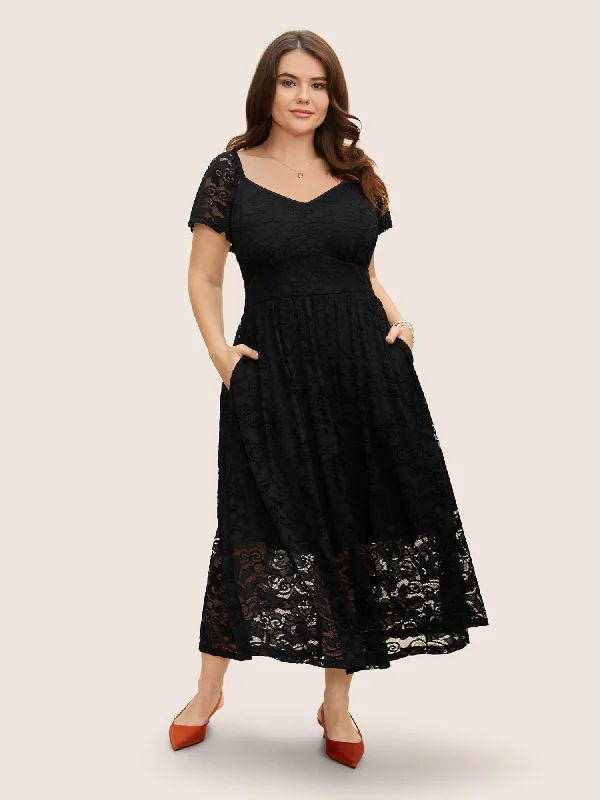 casual shift dressHeart Neckline Crochet Lace Mesh Flutter Sleeve Dress