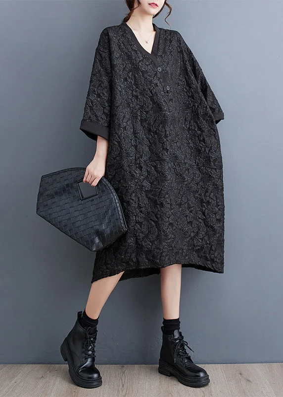 statement dressBlack Jacquard Patchwork Plus Size Cotton Dress V Neck Fall