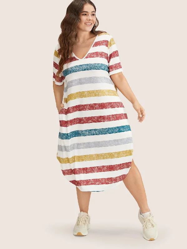 party-ready dressStriped Contrast Arc Hem V Neck Pocket Dress