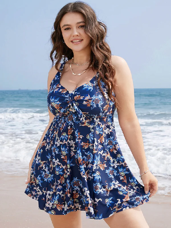 casual summer dressFloral Knot Front Ruched Ruffles Swim Dress