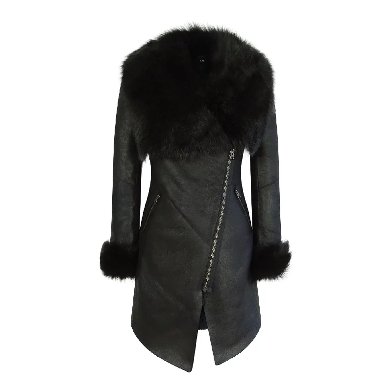 contemporary coatLadies 3/4 Cross Zip Slim Fit Toscana Genuine Sheepskin Jacket Black Italian Leather