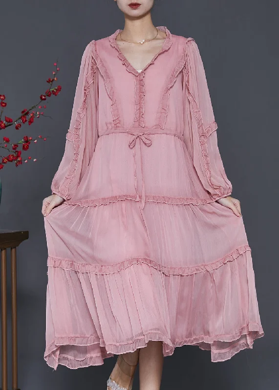 modern dressWomen Pink Ruffled Tie Waist Chiffon Vacation Dresses Spring