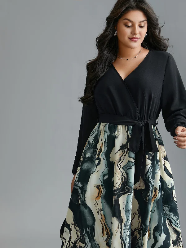 ashionable dressSurplice Neck Marble Print Belted Dress