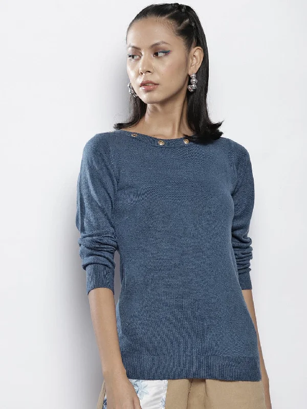 contemporary fitness sweatshirtWomen Blue Rib Boat Neck Full Sleeves Sweater