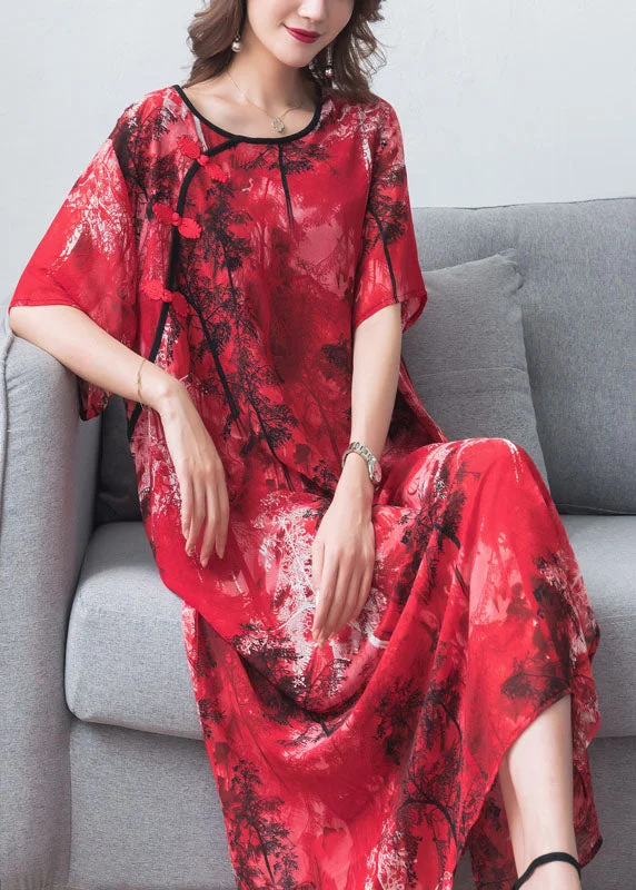 party-ready dressVintage Red Print Chinese Button Patchwork Chiffon Long Dresses Summer