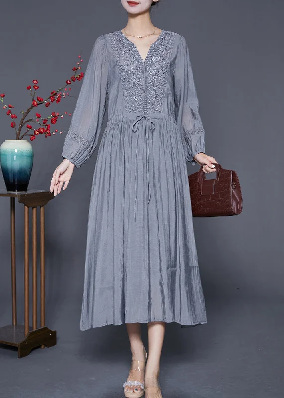 chic slip dressNatural Grey Embroideried Cinched Patchwork Cotton Dresses Summer