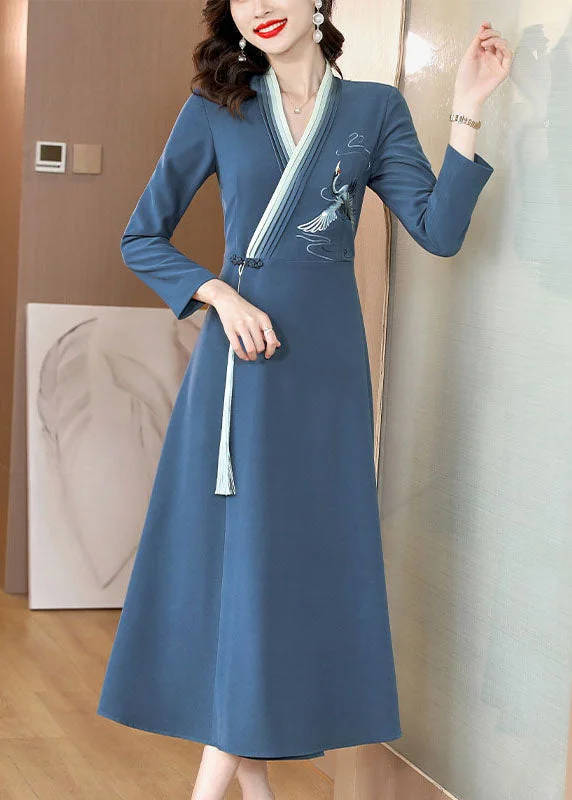 elegant shift dressElegant Blue Embroidered Button Long Dress Long Sleeve