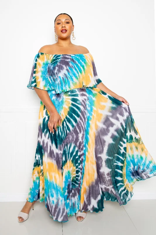 long sleeve dressTie Dye Off Shoulder Pleated Maxi Dress