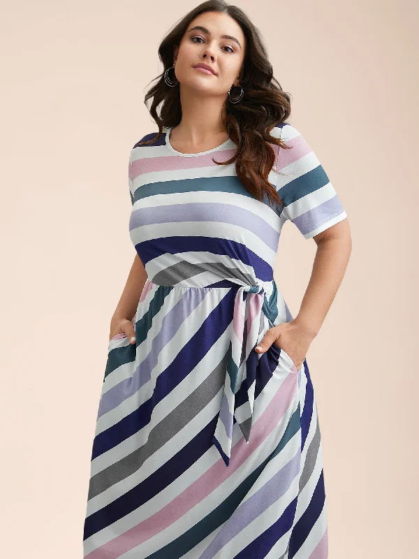 printed dressStriped Waist-Tie Half Sleeve Midi Dress