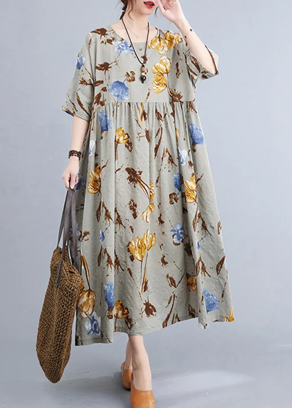 trendy dressFrench Grey Print Wrinkled Long Dress Short Sleeve