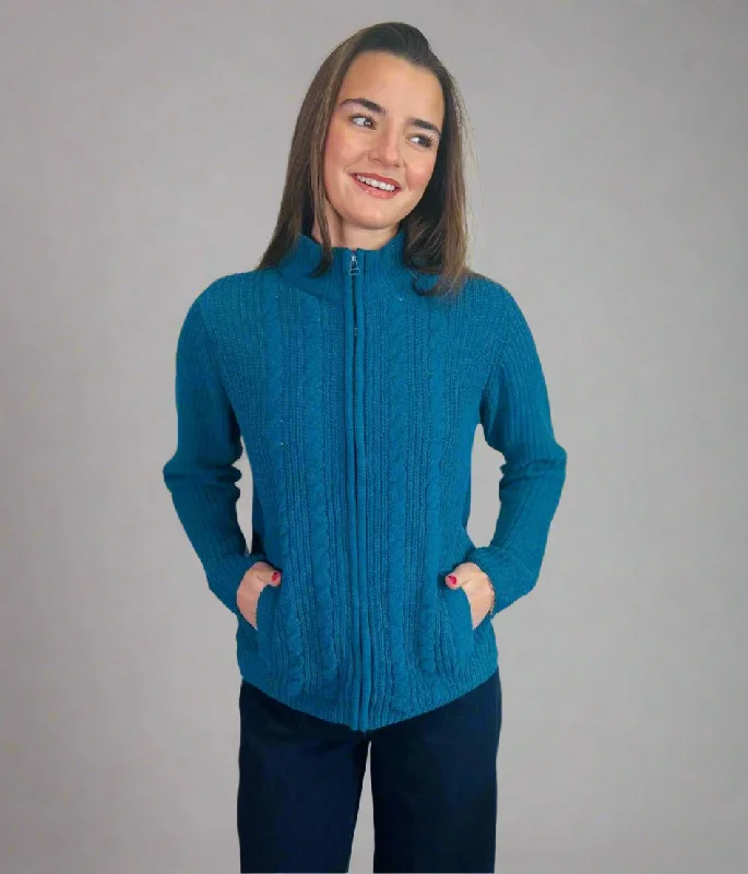 Teal Chenille Cable Zip Cardigan