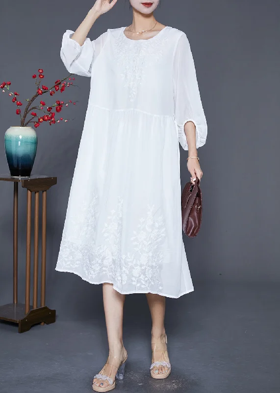 chic dressBoho White Embroideried Oversized Cotton Dress Lantern Sleeve