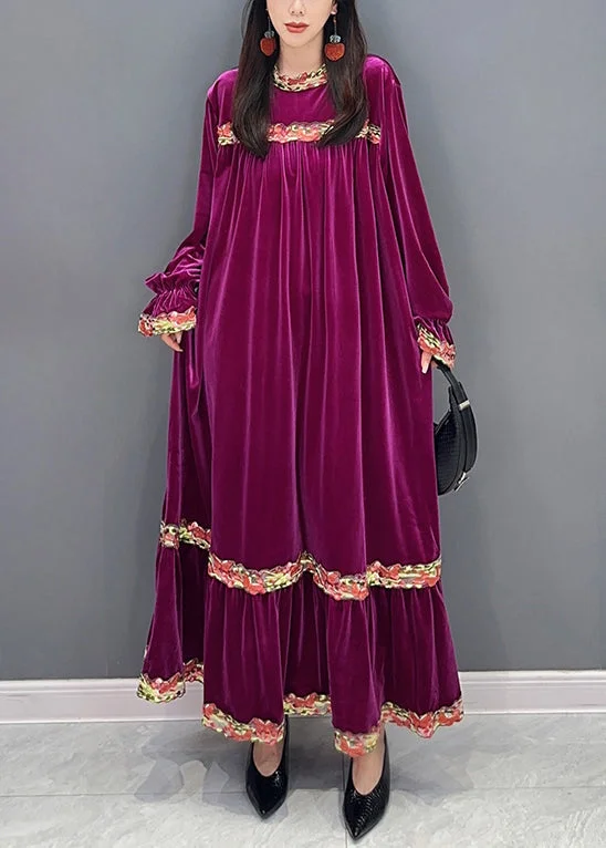 relaxed fit dressNew Purple Wrinkled Patchwork Silk Velvet Long Dresses Long Sleeve