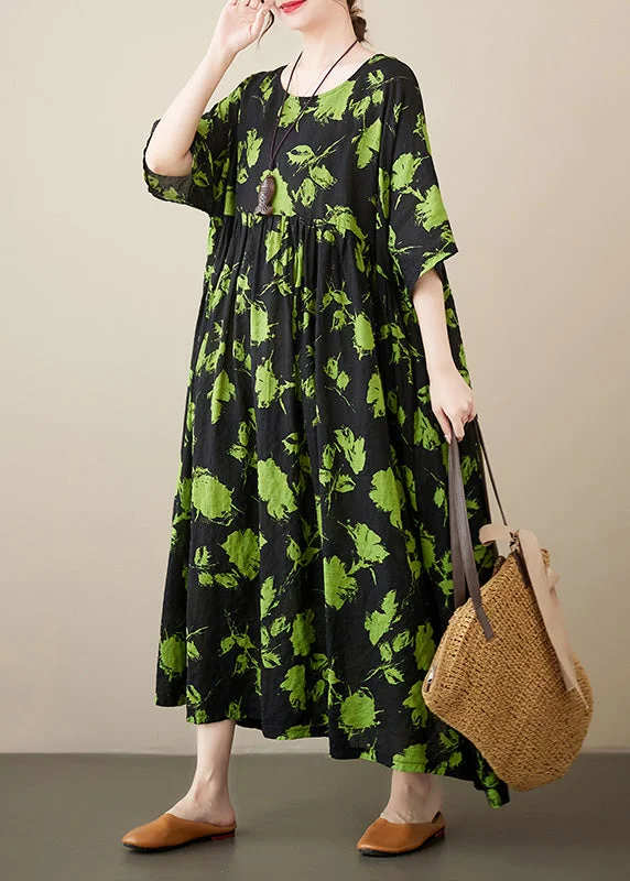 pleated maxi dressLoose Green Print Wrinkled Cotton Maxi Dresses Summer