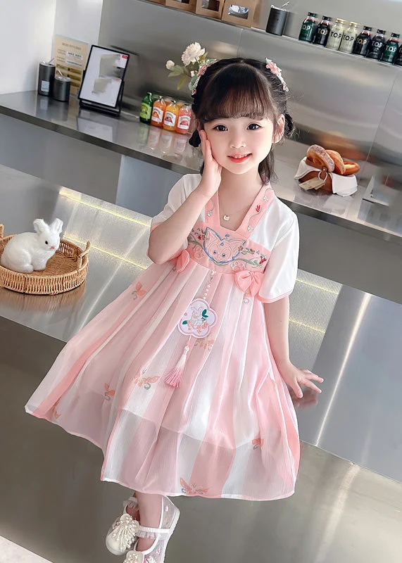 spaghetti strap dressCute Pink Embroideried Patchwork Bow Chiffon Kids Maxi Dress Summer