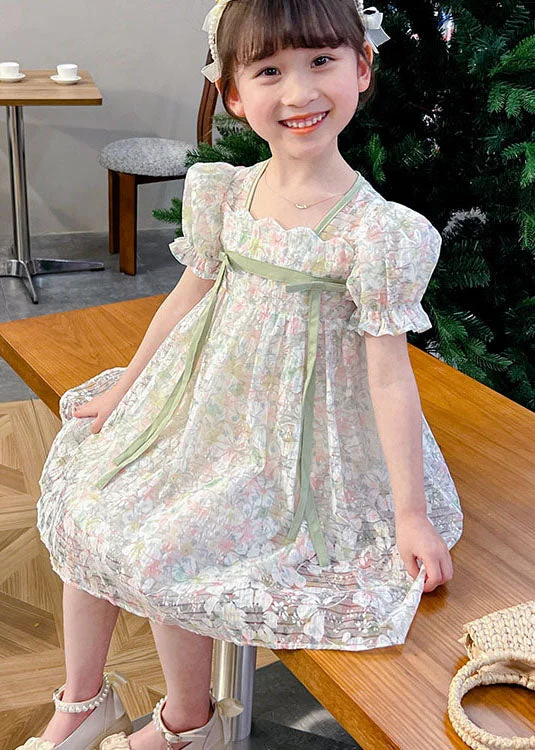 sleeveless dressCute Light Green Print Patchwork Tulle Kids Girls Dresses Summer