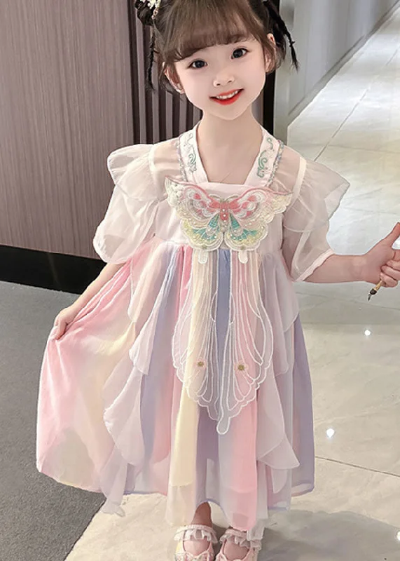 chic wrap dressLovely Pink Embroideried Butterfly Patchwork Chiffon Kids Girls Dresses Summer