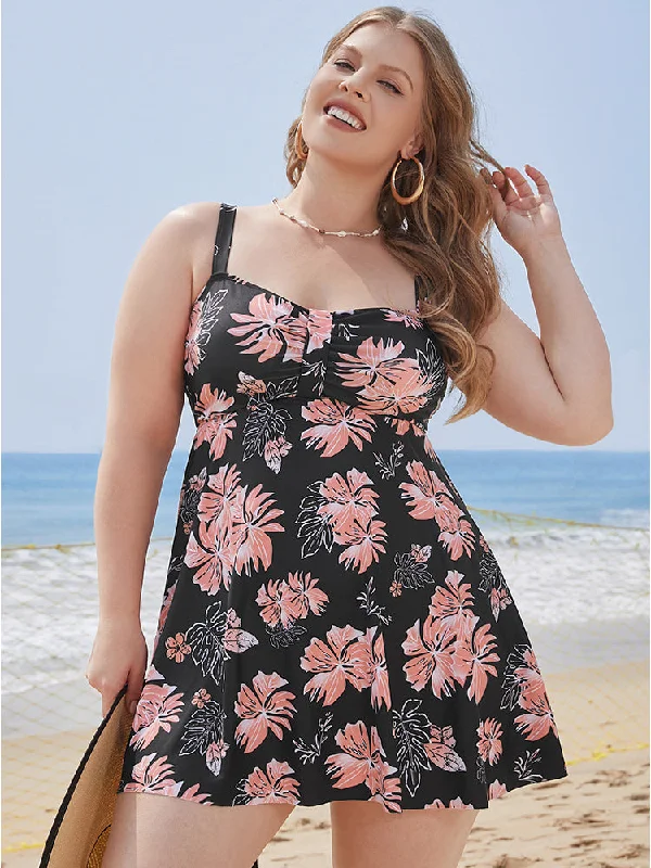 playful dressFloral Print Gathered  Adjustable Straps Swim Dress