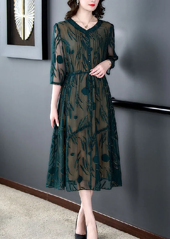 elegant evening dressWomen Green V Neck Embroideried Patchwork Silk Dress Summer