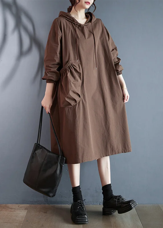 knit dressPlus Size Coffee Hooded Pockets Cotton Dress Long Sleeve