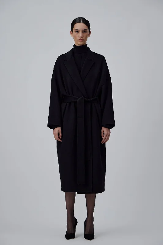 insulated trench coatDOUBLE FACE WRAP CASHMERE COAT IN GLOSSY BLACK