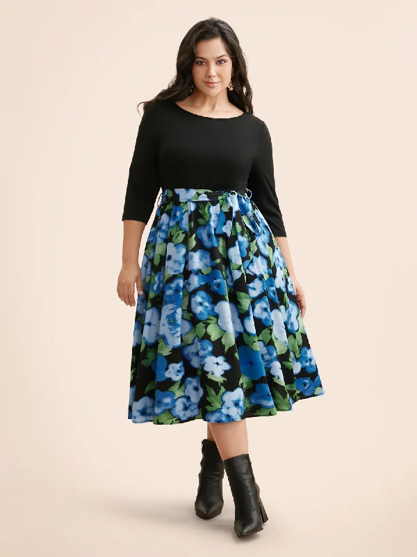 fitted dressRound Neck Floral Patchwork Belted Dress