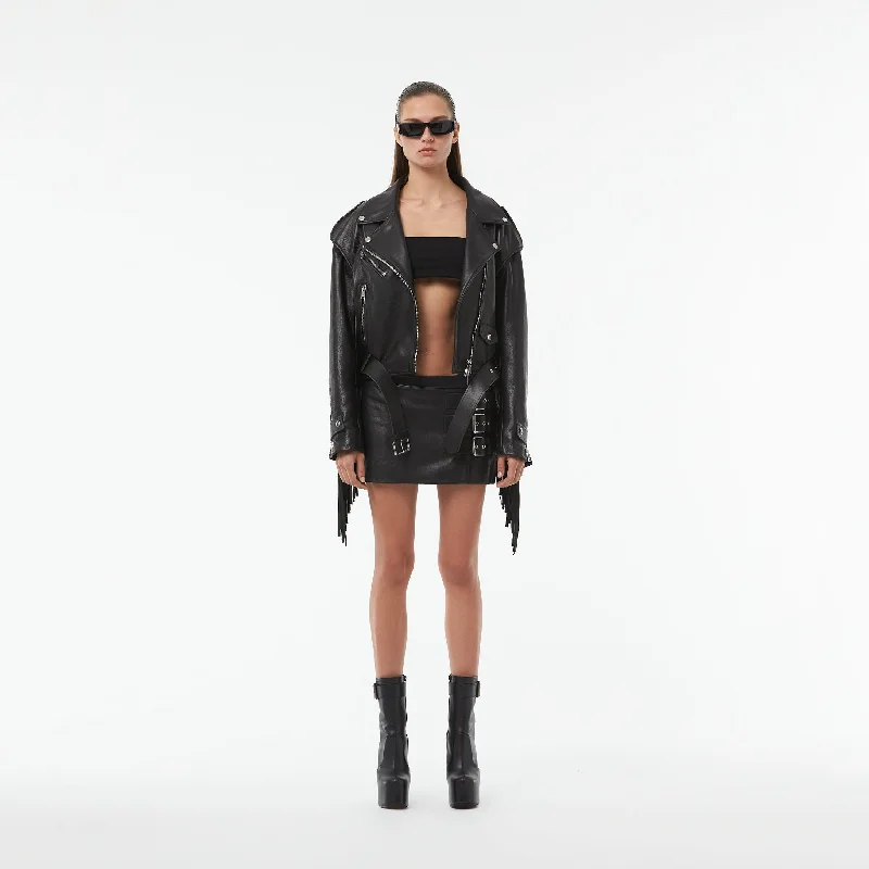 comfortable coatFRINGE LEATHER JACKET WITH METAL RIVETS