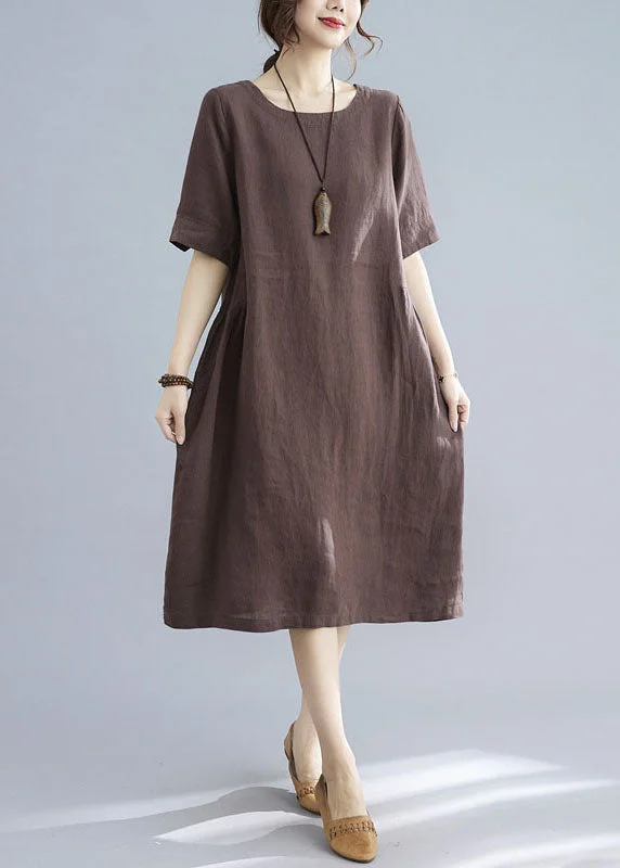 mini dressCoffee Patchwork Cotton Dress O Neck Wrinkled Short Sleeve