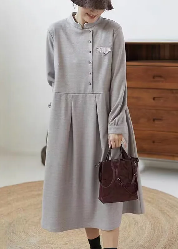 textured dressCasual Grey Stand Collar Wrinkled Patchwork Cotton Dresses Fall