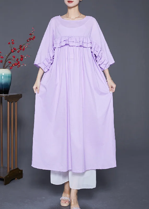 relaxed fit dressPlus Size Light Purple Ruffled Patchwork Cotton Dress Bracelet Sleeve