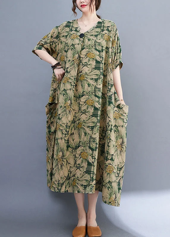 one-shoulder dressBohemian Green V Neck Print Wrinkled Holiday Long Dress Summer