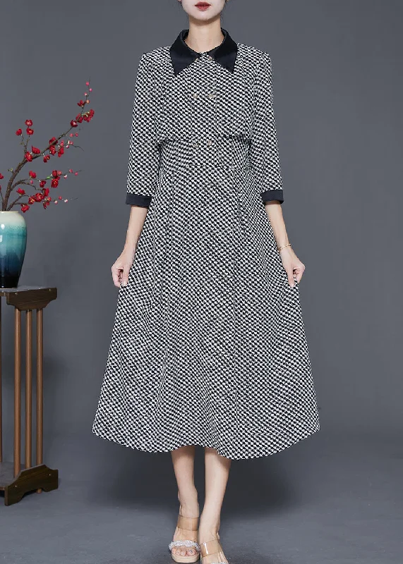 wool dressBlack Print Silm Fit Chiffon A Line Dress Double Breast Spring