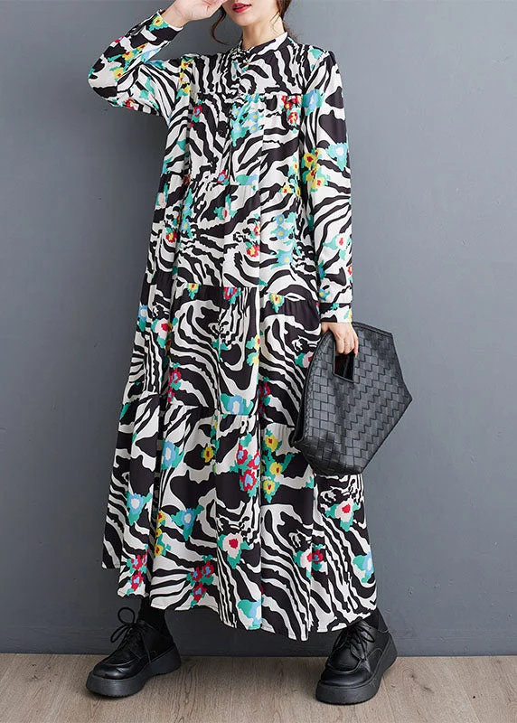 fitted cocktail dressClassy Stand Collar Print Patchwork Wrinkled Maxi Dress Fall