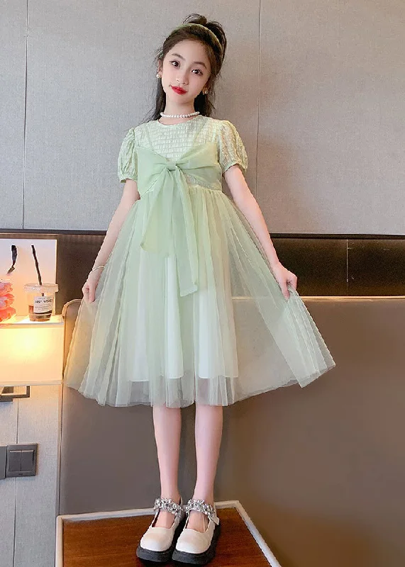 sleek dressArt Light Green O-Neck Bow Tulle Kids Long Dresses Summer