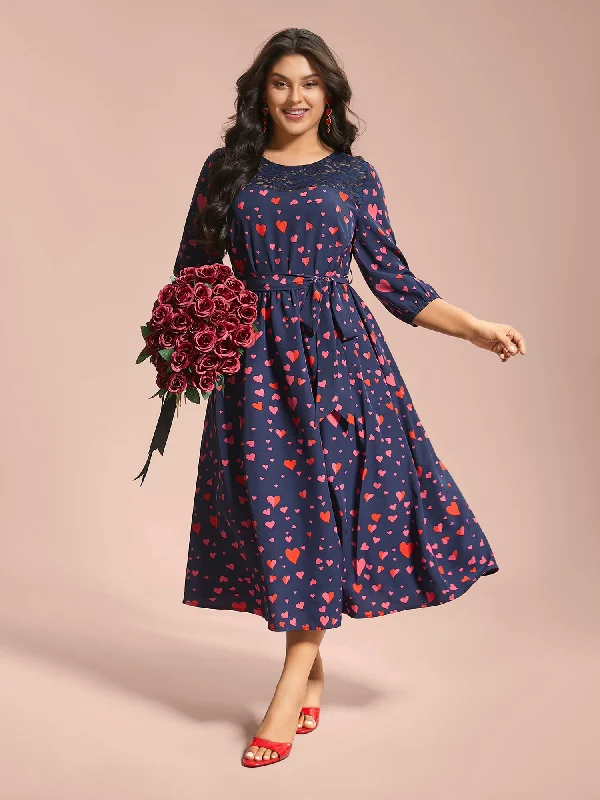 long sleeve dressLace Insert Heart Print Waist-Tie Dress