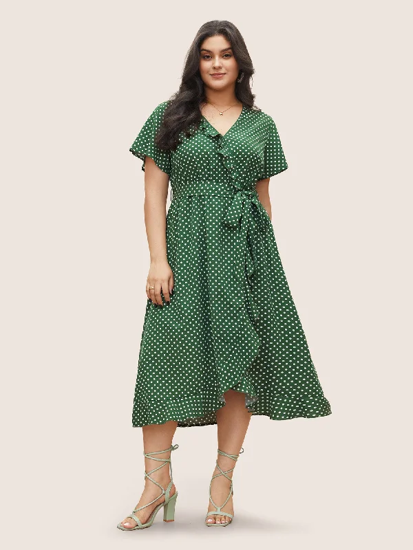 vintage dressPolka Dot Flutter Trim Belted Overlap Collar Dress