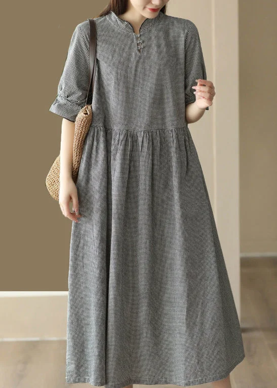 pleated dressFrench Black Plaid Stand Collar Linen Long Dress Short Sleeve