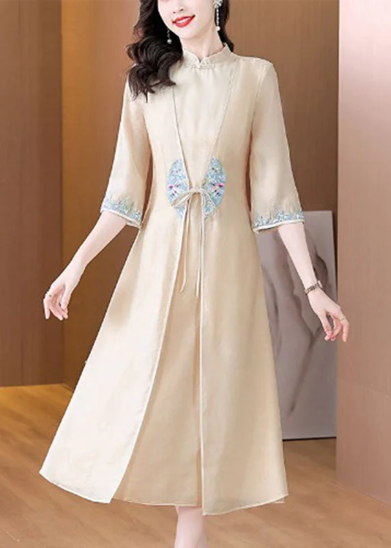 printed dressChinese Style Apricot Stand Collar Embroidered Patchwork Tie Waist Silk Maxi Dress Long Sleeve