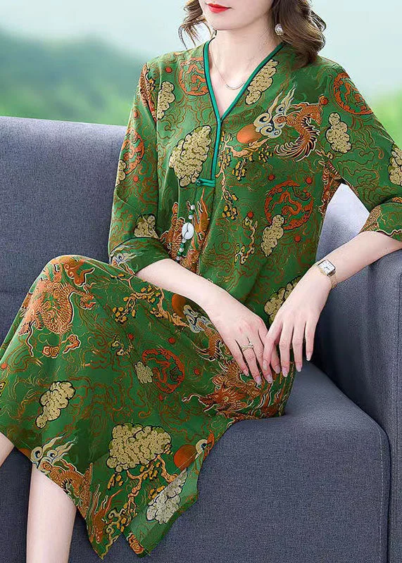 elegant evening dressVintage Green V Neck Print Patchwork Silk Mid Dress Summer