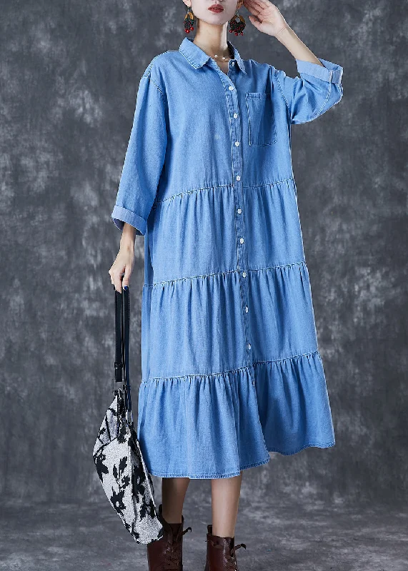 elegant maxi dressItalian Light Blue Oversized Patchwork Ruffles Cotton Long Dress Fall