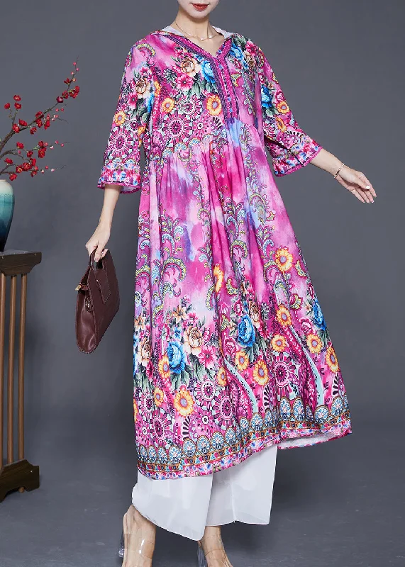 chic dressBeautiful Pink Hooded Print Silk Vacation Dresses Bracelet Sleeve