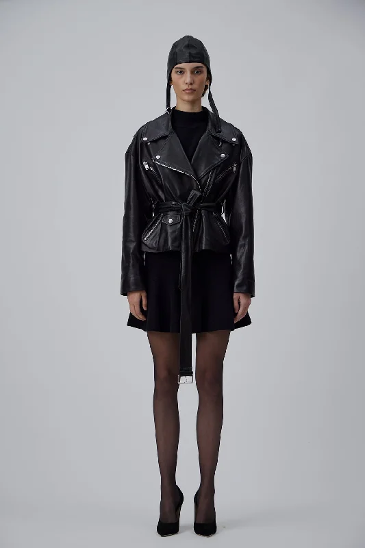 premium coatOVERSIZE LEATHER BIKER JACKET IN GLOSSY BLACK