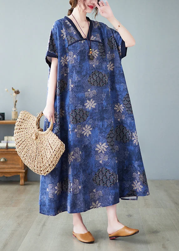 casual knit dressVintage Blue V Neck Patchwork Long Dresses Summer